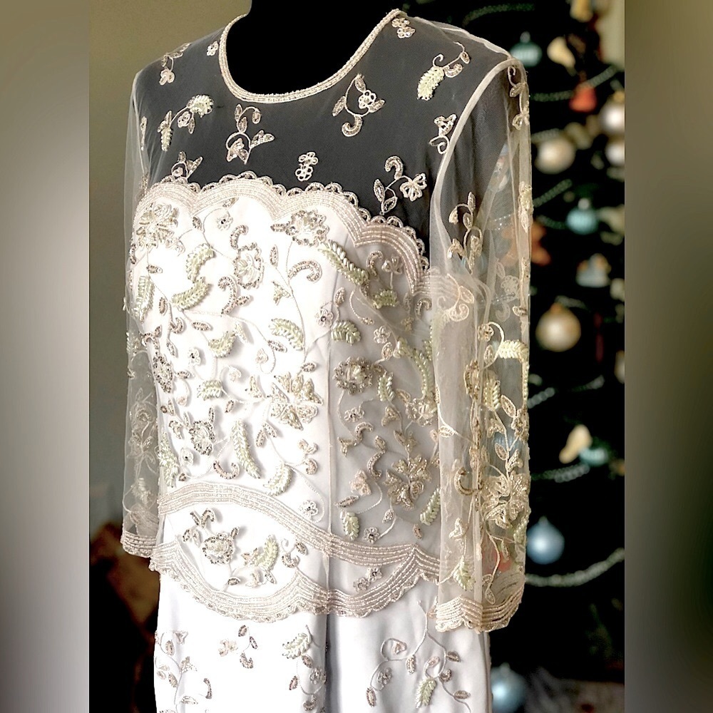 Montage Mon Cheri Gown Baby Blue Light Gray Long Sleeve Beaded Illusion MOB - Picture 3 of 17